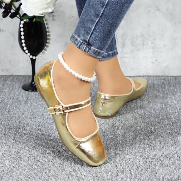 Gold Cushioned Insole Classic Mary Jane Ballet Flat Adjustable Ankle Strap - Picture 4 of 11